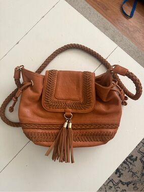 Brown Tan Cognac Camel Vegan Leather Boho Bucket Bag Crossbody Tassels Braided